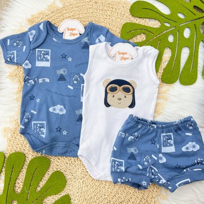 CONJ. DE MALHA 3 PEÇAS - Aviador - Azul Jeans e Branco CONJ. DE MALHA 3 PEÇAS - Aviador - Azul Jeans e Branco